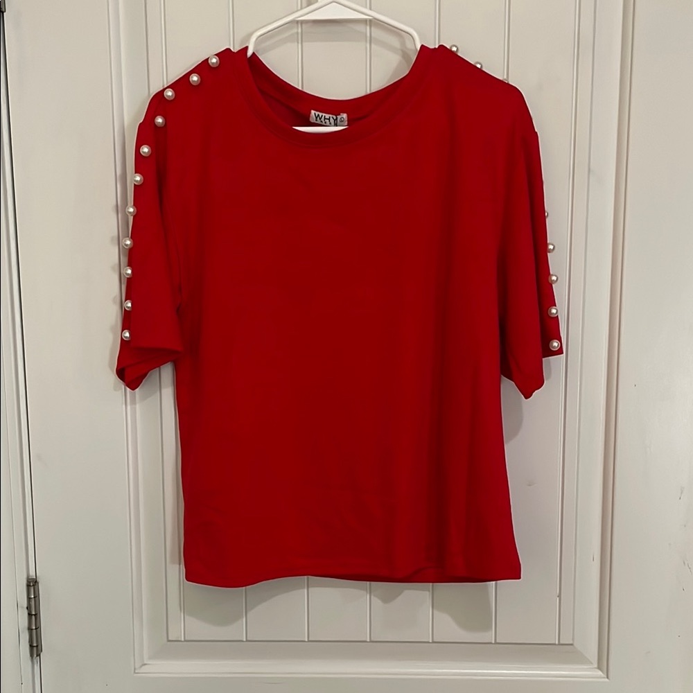 Why Dress size large Red Top with Pearl Accents NWT